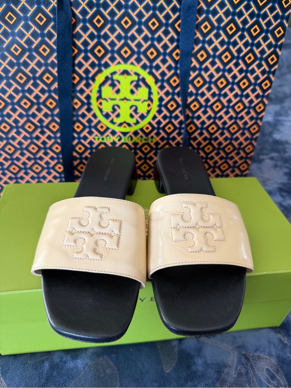 Tory Burch Nude Patent Leather Logo Slide Sandals